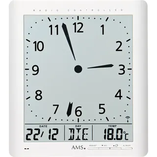 AMS Funk-Wanduhr, Funkwerk mit analoger Zeitanzeige und digitaler Anzeige von Zeit Datum Wochentag Temperatur, 21x24x3cm, 5896 - Weiß