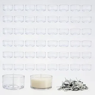 DAOOZHU 50 Stück Teelichter Hüllen Kunststoff mit 100 Kerzendochten – Ø4 cm DIY Teelichthüllen Set für Hochzeiten, Partys, Valentinstag und Candlelight-Dinner