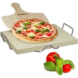Relaxdays Pizzastein Beige 3-tlg. Set Cordierit 38x30 cm , Hellbraun , Stein, Metall, Holz , 43x7x31.5 cm , Grills, Grillzubehör