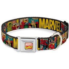 Buckle-Down Seatbelt Buckle Dog Collar - Marvel/Retro Comic Panels Black/Yellow - 1.5" Wide - Fits 13-18" Neck - Small