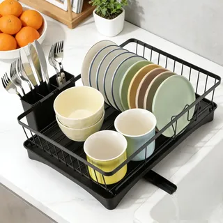 Cozary Abtropfgestell Geschirr, Geschirrabtropfgestell mit 360°Drehbarem Auslauf, Spülbecken Organizer mit Besteckhalter, Platzsparender Küchenorganizer für Teller Tassen