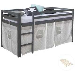 Homestyle4u Hochbett 90 x 200 cm Kiefer massiv grau