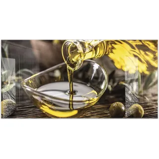 timalo Küchenbild aus Acrylglas modernes Wandbild Glasbild Deko Küche XXL Bild wie Glas | 100x50cm Olivenöl, mediterrane Küche, rustikales Holz, Feinkost, Gourmet, frische Oliven