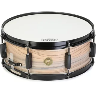 TAMA Woodworks Snaredrum 14x5,5 Zoll - folierter Kessel in Natural Zebrawood mit schwarzer Kesselhardware (WP1455BK-BOW)