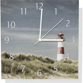 Wallario Design Wanduhr Leuchtturm auf der Düne am Strand aus Aluverbund, Größe 30 x 30 cm - Gelb
