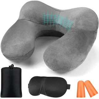 BBjinronjy Reisekissen,Nackenkissen Aufblasbar für Flugzeug mit Ohrstöpsel,Weichem Samt Ergonomisch Nackenhörnchen Reisekissen Aufblasbar für Büro,Flugzeug,Auto,Reise,Camping,Schlafrestkissen (grau)