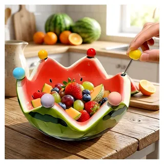 Obstschale aus Keramik in Wassermelonenoptik mit 6 Edelstahlgabeln, Schüssel für Salat, Party, Picknick, Küchenzubehör für Veranstaltungen, Café, Bar, Hochzeit (Rot) - Rot