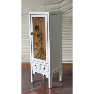 Antiker chinesischer Schrank Höhe131cm mit Geisha Türmotiv Farbe weiß