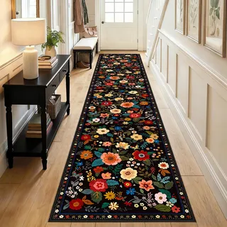 Omgoods – Vintage-Teppich mit Blumenmuster – Waschbarer, rutschfester Küchenläufer, 60 x 300 cm - Schwarz