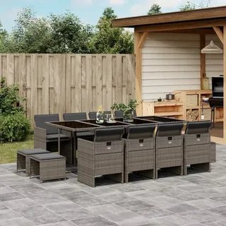 Stabli 13-tlg. Garten-Essgruppe mit Kissen Grau Poly Rattan Balkonmöbel Set Gartenlounge - Grau