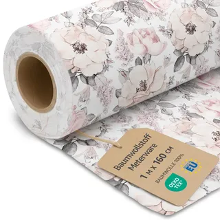 Amazinggirl Stoff Meterware Baumwollstoff 1 M x 160 cm - Stoffe zum nähen aus reine baumwolle fabric futterstoff dekostoff für patchwork canvas und sewing nähstoff Oeko-Tex Wilde Rose