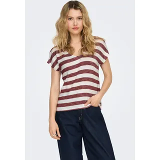 V-Shirt ONLY "ONLLIRA LIFE S/S V-NECK TOP JRS NOOS", Damen, Gr. XS, rot (spiced apple stripes:cloud dancer), Jersey, Obermaterial: 95% Viskose, 5% Elasthan, gestreift, regular fit normal, V-Ausschnitt, Shirts V-Shirt
