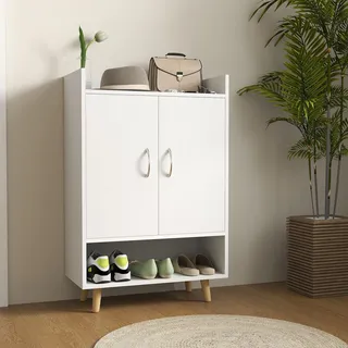 FurnitureR Schuhschrank, Schuhregal mit Türen und Regalen, für 12 Schuhe, Moderne Schuhkommode, Schuhablagen für Flur und Eingangsbereich, Massivholz, 60 x 30 x 92 cm, Weiß