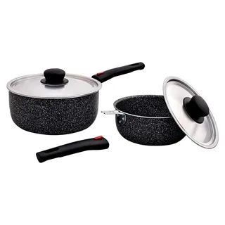 Aluminium Kasserollen Set 6-teilig I stapelbares Kochgeschirr mit 2 Töpfen, Deckeln & abnehmbaren Griffen I leichtes Camping Topfset für Outdoor, Wohnwagen & Küche