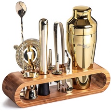Mixology & Craft Cocktail Set (10-TLG.) - Edles Cocktail Shaker Set mit Shaker aus Edelstahl und Bar Zubehör im Holzständer aus Bambus - Dekoratives Geschenkset - Gold
