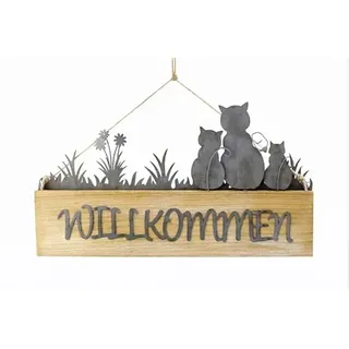 Holz-Metall-Schild „Willkommen“ mit Katze – ca. 28 x 16 cm – Natur-grau-weiß Sortiert – Türschild & Wanddeko für Katzenfreunde – Logbuch-Verlag