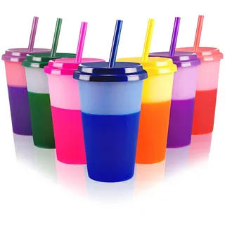 Patinao 7 Stück Becher Tasse Trinkbecher mit Strohhalm & Deckel - 350ml Farbwechselbecher Mehrweg Plastikbecher Kinder Tasse Cup Travel Mug Tumbler Eiskaffee Kaltes Trinken Smoothie Saft