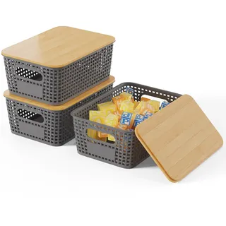 Shrivee 3er-Set Aufbewahrungsbox mit Bambus Deckel, 5L Aufbewahrungskorb, Kunststoff Korb Aufbewahrung, Küchen Aufbewahrungsboxen für Regale, Schränke, Schränke und Zuhause (Dunkelgrau)