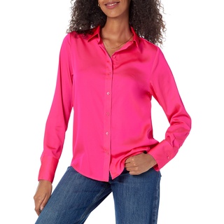 Amazon Essentials Damen Satin-Bluse mit Knopfleiste in klassischer Passform (in Übergröße erhältlich), Neonrosa, L