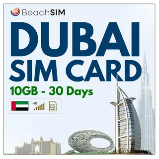 BeachSIM Dubai SIM Karte 30 Tage. 10 GB Datenvolumen mit 4G/5G-Netzen. Schnelle Aktivierung. Einfaches Aufladen. Funktioniert auf iOS- und Android-Geräten. Nur Prepaid-Daten.