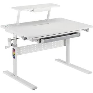 Ergo Office ER-483 Ergonomischer Kinderschreibtisch mit Höhenverstellung und Neigungsverstellung bis zu 40 Grad, Zusätzliche Ablage mit Buchhalterung, Kinder-Schultisch bis 40kg Schublade Taschenhaken - Weiß