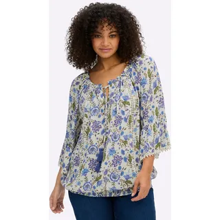 Schlupfbluse SHEEGO BY JOE BROWNS, Damen, Gr. 54, bunt (champagner, royalblau, gemustert), 100% Viskose, geblümt, gemustert, Rundhals, Blusen Schlupfbluse