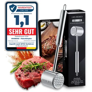 GRUBERIO Fleischklopfer mit Rezepte E-Book | 2 unterschiedliche Schlagseiten | Schnitzelklopfer | Fleischhammer | Fleischplattierer | Premium Edelstahl | Steak Zartmacher