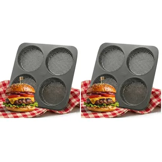 Burger Brötchenblech – Birkmann – grau, 28 x 28 cm, Karbonstahl, perforiert, Marken-Antihaftbeschichtung, Backblech für 4 Burger Buns, Backform & Brotbackzubehör (Packung mit 2)