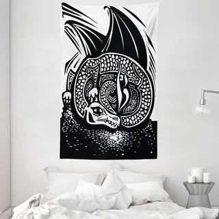 ABAKUHAUS Drachen Wandteppich und Tagesdecke, Zusammengerollt Drachen Sketch aus Weiches Mikrofaser Stoff Waschbar ohne Verblassen Digitaldruck, 140 x 230 cm, Schwarz und weiß