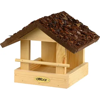 dobar 38120FSCe klassisches Vogelfutterhaus Rindendach - Vogelhaus aus Massivholz - Kleine Vogelvilla zum Hängen an Wand oder Baum - Vogelfutterstation mit Futtertablet - 20 x 22,5 x 18 cm - Braun
