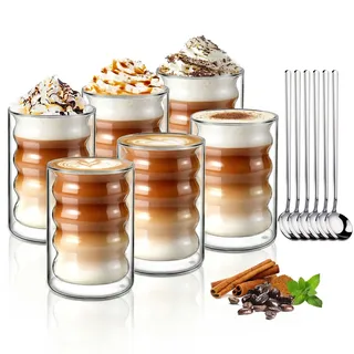 ecooe 350ml Doppelwandige Kaffeegläser Latte Macchiato Gläser 6er Set Einzigartige Spiralförmige Gläser, Doppelwandig Kaffeeglas Teegläser für Cappuccino, Tee, EIS,Milch, Geschenk für Frauen Freund/in