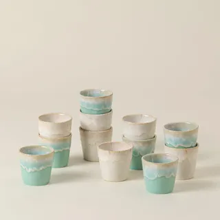 Costa Nova Grespresso Espressotassen-Set – 12-teilig – für 12 Personen – Weiß & Aqua – Espressotassen aus Steingut – portugiesisches Design