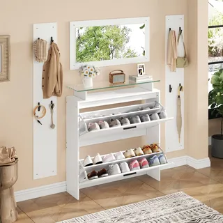 STILVORA 4-teilig Garderobenständer Garderoben-Set mit Spiegel,2 Hutablage und Hochglanz Schuhschrank,Kompaktgarderobe mit Kleiderhaken,Weiß - Weiß