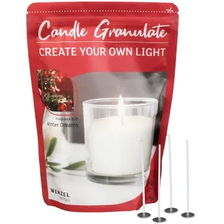 Kerzensand Winter Dream Kerzen Granulat 400g - Weißes Paraffinwachs Ideal für mehrere DIY Kerzen, Inkl. 4 Dochte & Dochthalter, Hochwertiges Kerzenwachs, Made in Germany