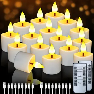 16 Stück Wiederaufladbar LED Teelichter, Flammenlose Flackernde Kerzen mit Fernbedienung, LED Kerzen Teelichter mit Timerfunktion, Wasserdicht Elektrische Kerzen für Halloween Weihnachten Zimmer Deko