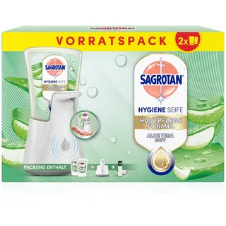 Sagrotan No-Touch Automatischer Seifenspender Weiß – Vorratspack – Inkl. Sagrotan Nachfüllern Aloe Vera – 2 x 250 ml Flüssigseife