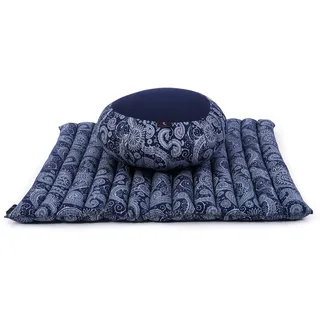 Leewadee Meditationsset - Meditationsset aus Kapok, Kissen und Meditationsmatte Zafu und Zabuton, Blau Weiß