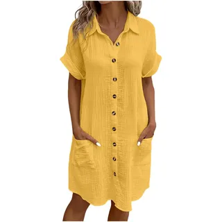Generisch Musselin Kleid Damen Sommerkleid Damen Button Down Leinenkleid Strandkleid Casual V-Ausschnitt Minikleid Kurzarm Freizeitkleid Boho Kleid Knielang Leinenkleider