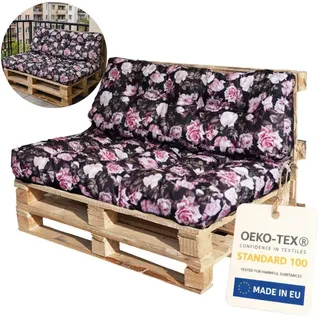 Palettenkissen 120 x 80 2-teiliges Set für Palettenmöbel Wasserdicht Europaletten Polster EU Palettensofa gesteppt komplett schwarz mit Rosen - Schwarz, Rosa