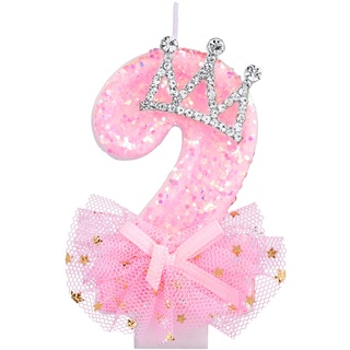 Geburtstag Nummer Kerzen, 7,5cm Kronenschleifen-Netzkerze Glitzernde Rosa Zahlenkerzen Tortenaufsatz Geburtstagskerzen Nummer mit Pailletten für Jubiläumsfeiern (Zahl 2)