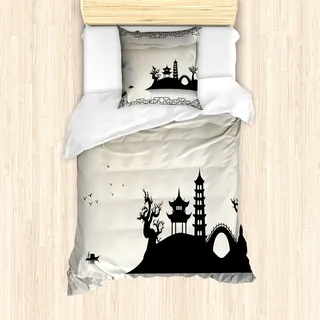 ABAKUHAUS Vintage China Mantele, Moderne Landschaft, Milbensicher Allergiker geeignet mit Kissenbezügen, 135 cm x 200 cm - 80 x 80 cm, schwarz Beige - Schwarz