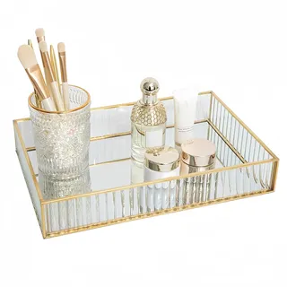 SLHEQING Vintage Spiegeltablett Gold, Dekoratives Tablett Glastablett Rechteckig Organizer Tray Kosmetik Schmuck als Schminktisch Aufbewahrung (30 x 20 x 5.5 cm)