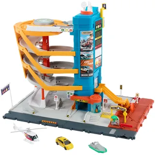 Mattel Matchbox Transportzentrum mit Taxi, Boot und Hubschrauber | Enthält 1:64 Spielzeugfahrzeuge und Essensstand, Spielset mit 5 Ebenen und kinderaktivierten Funktionen, HXL47