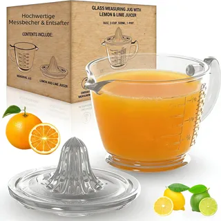 ALYBSOO Zitronen- und Limettenpresse Manuell aus Glas, Messbecher 500ml, 2-Cup, BPA-frei, Spülmaschinenfest, Geeignet für Zitrone, Limette, Orange, Grapefruit