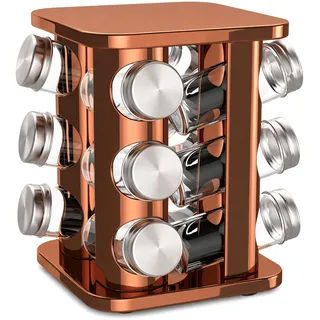 bonVIVO Drehbares Gewürzregal 12 Glasdosen mit Deckel & Etiketten - Edelstahl Kupfer Finish Kräuter & Gewürze Organizer für Küche Arbeitsplatte oder Schrank Aufbewahrung - Stilvolles Kochen