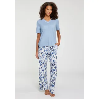 Pyjama LASCANA, Damen, Gr. 32/34, blau (blau, blau geblümt), Single Jersey, Obermaterial: 50% Baumwolle, 45% Viskose, 5% Elasthan, geblümt, unifarben, loose fit hüftlang, V-Ausschnitt, Homewear-Sets Pyjama, mit bedruckter Hose