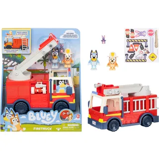 Bluey BlueY-Feuerwehrauto. Feuerwehrauto, Exklusive Bingo als Feuerwehrfrau und Bob Bilby-Figur. Fahre die Leiter aus, drehe sie und Rolle den Schlauch aus. Mit Stickerbogen