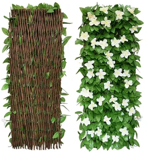 Erweiterbarer Zaun mit Künstlichen Blättern - Sichtschutz für Balkon, Terrasse, Outdoor - Dekorativer Efeu-Zaun, Hecken, 30 x 200 cm (Weiße Blumen) - 2 Stück