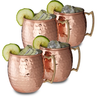 Relaxdays Moscow Mule Becher 4er Set, für Cocktails, Kaltgetränke, Barzubehör, Edelstahltasse, bauchig, 0,5 l, Kupfer