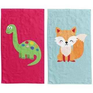 damaloo 2X Kinderhandtuch 30x50cm mit Dino Motiv aus Baumwolle - Händetuch für Jungen – Fuchs Gästehandtuch Set - Gesichtstuch klein - Kleiner Waschlappen 30x50 cm - Kinder Handtuch für Mädchen